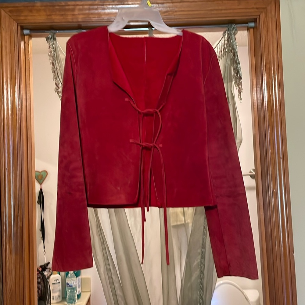 Cropped red leather jacket